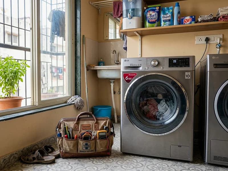 Precision engineer servicing Bosch Serie 6 front load washing machine drum in modern Indian home