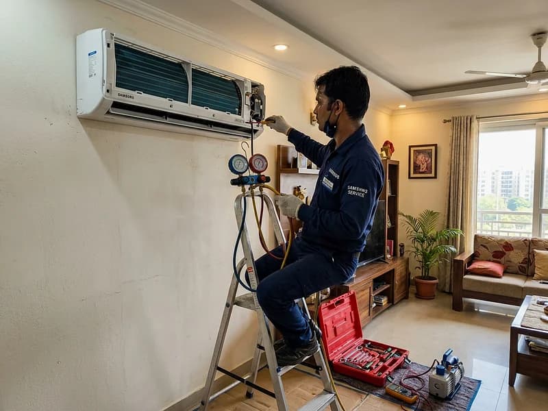 HVAC technician maintaining split air conditioning unit with specialized deep cleaning shroud