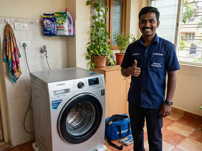 Technician completing repair with positive customer handover in New Delhi apartment