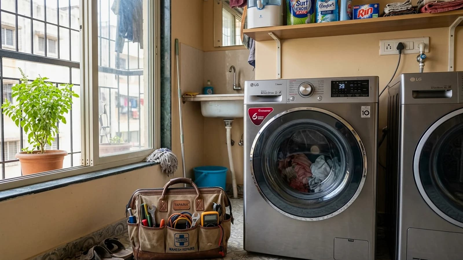 Bosch specialist servicing Serie 6 front load washing machine drum in modern Indian home