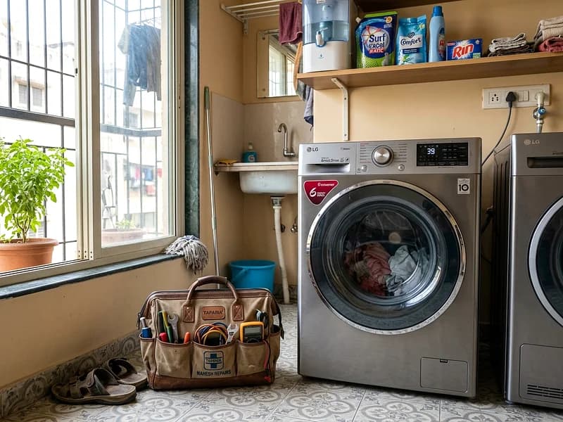 Technician replacing pulsator and drive belt on Godrej Eon Allure washing machine in Delhi home