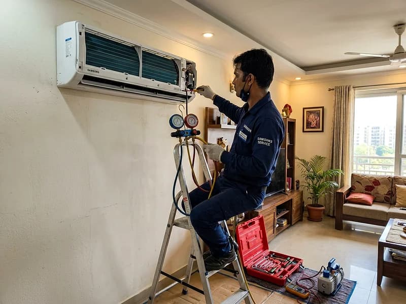 Technician checking refrigerant pressure and airflow on indoor split AC unit in Gurugram