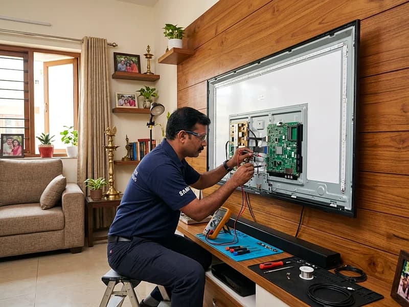 Television technician testing motherboard circuits and video display connectors