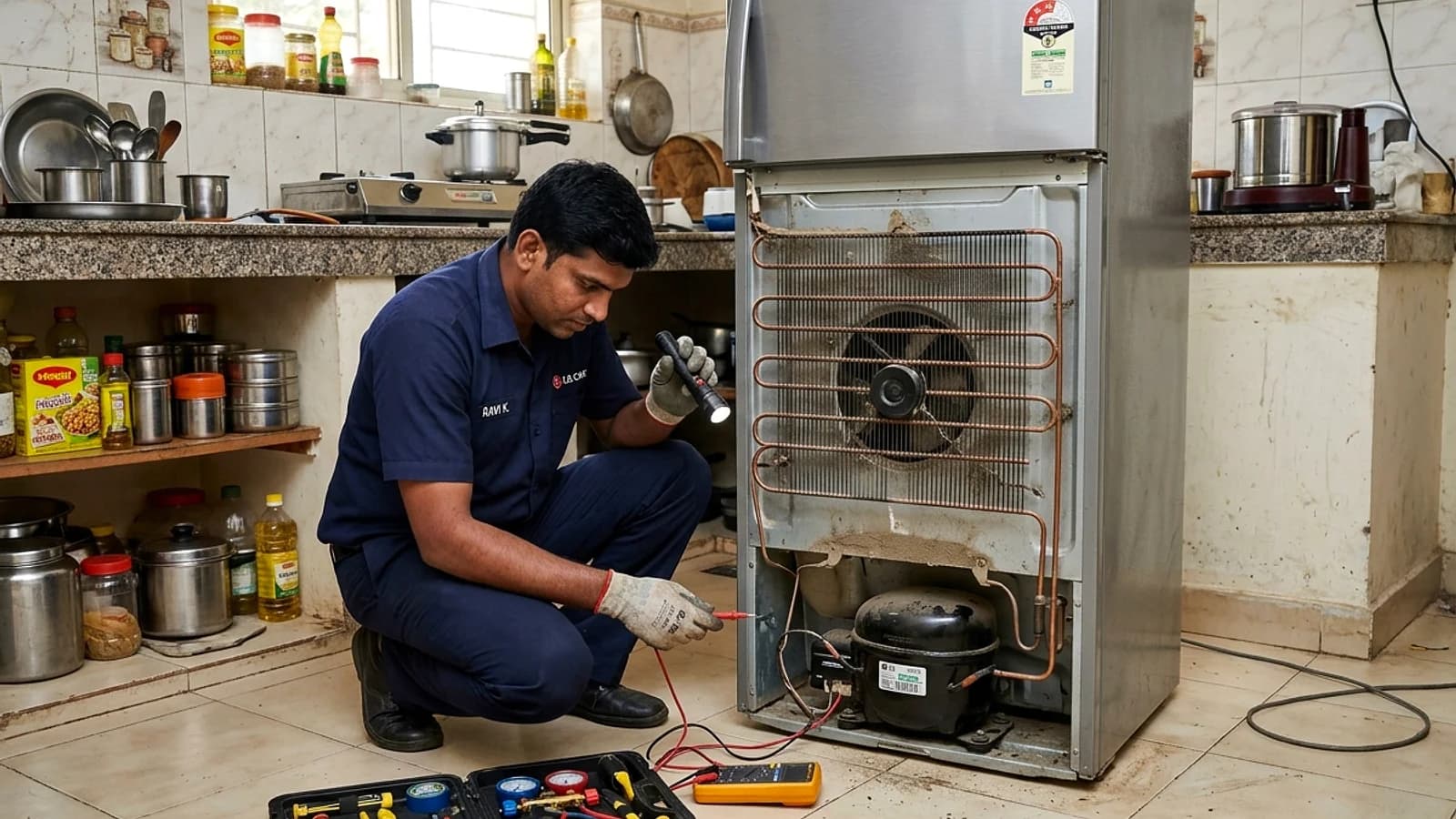 Service engineer checking Hitachi French Door refrigerator vacuum cooling compartment