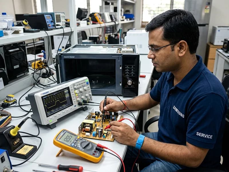 Electronics specialist testing IFB 30L convection microwave oven high-voltage transformer
