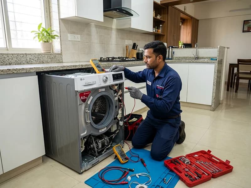 Certified technician repairing LG AI DirectDrive front-load washing machine in an Indian home