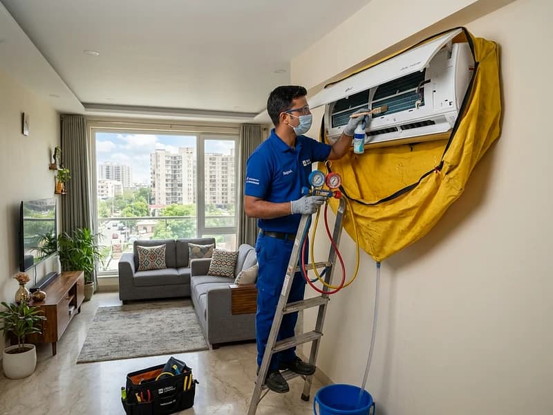 HVAC engineer servicing LG Dual Inverter split AC indoor unit in India apartment