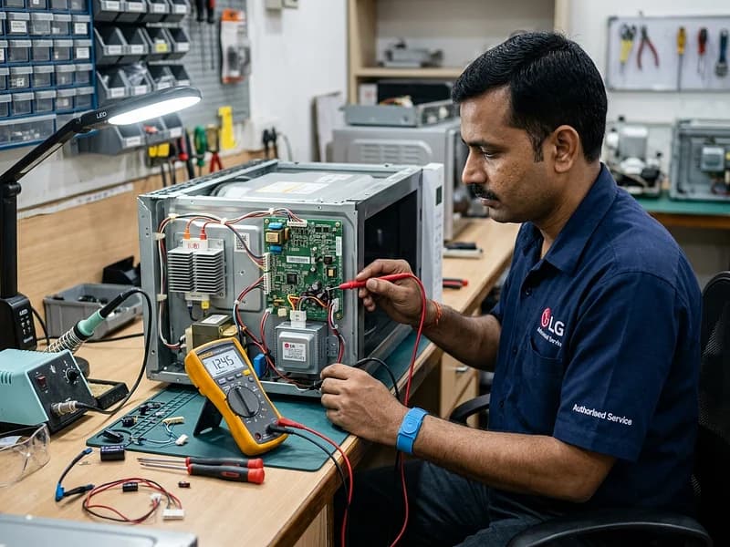 Electronics specialist testing LG microwave magnetron and high-voltage circuit board