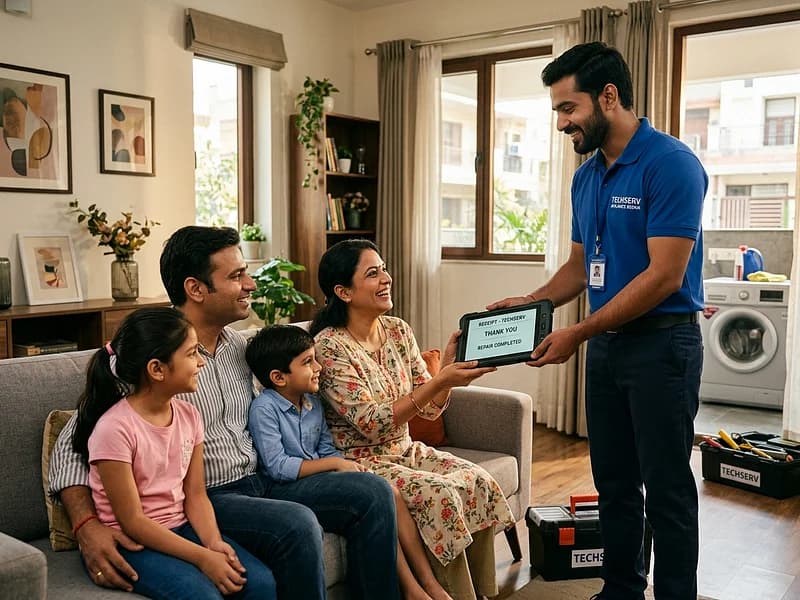 Satisfied Indian customer receiving digital service invoice after LG appliance repair