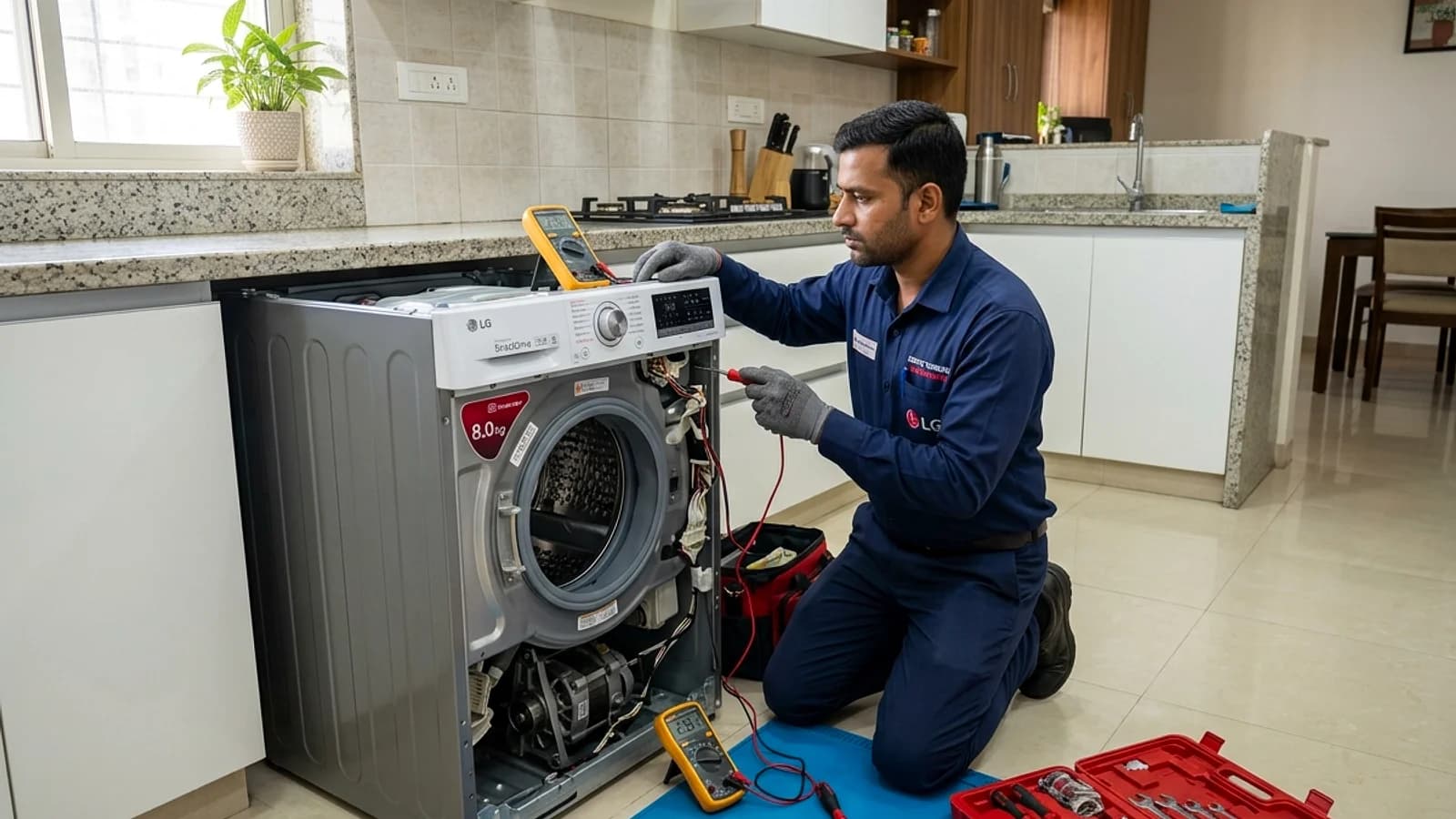 LG service technician in official uniform repairing AI DirectDrive washing machine in Delhi home