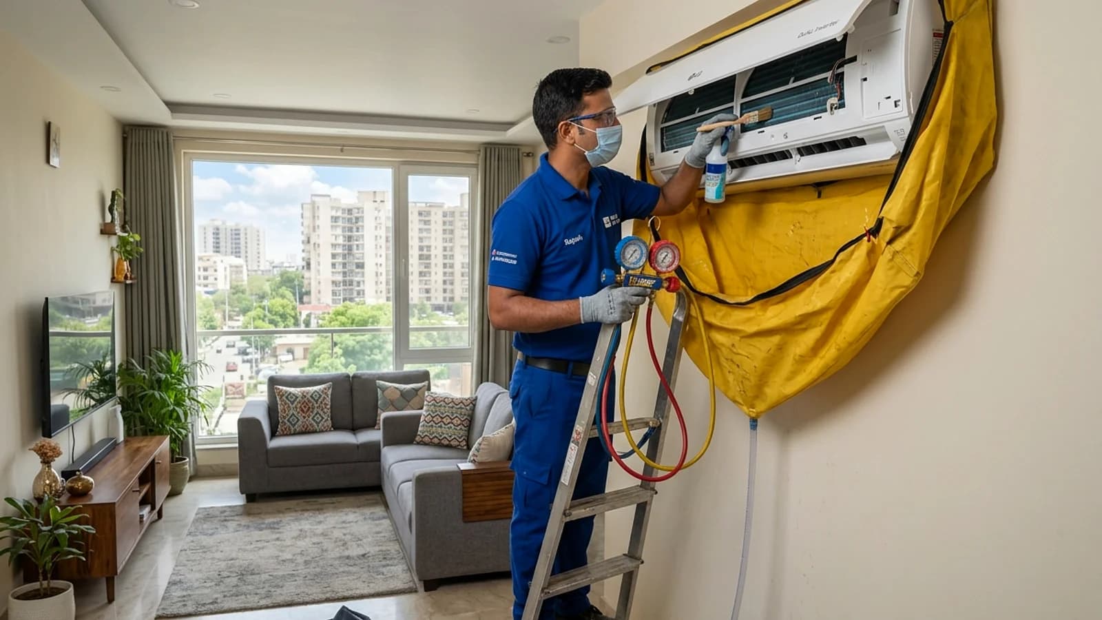 Certified HVAC engineer servicing LG Dual Inverter split AC indoor unit with pressure manifold