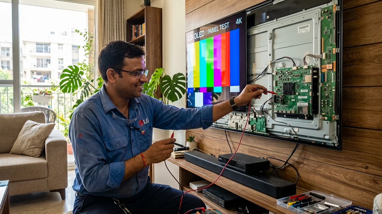 Electronics specialist testing LG OLED 4K Smart TV display panel and motherboard in New Delhi