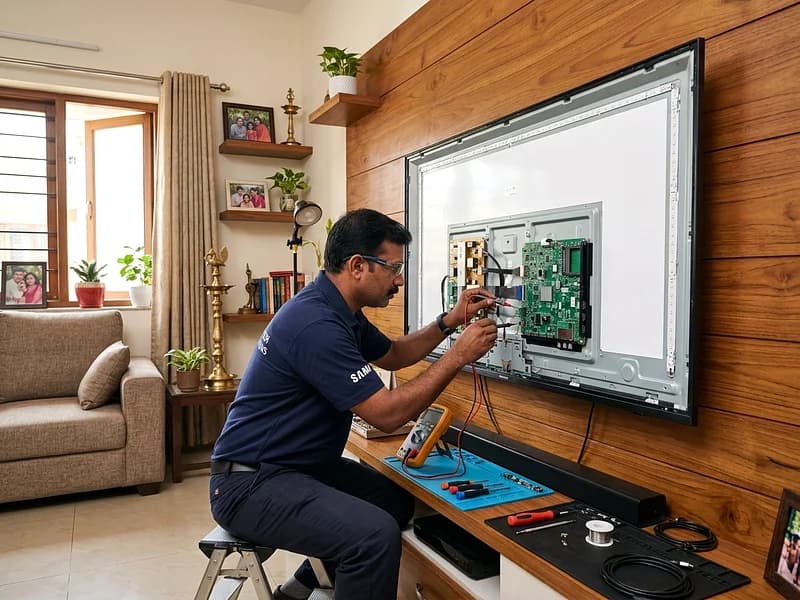 Television specialist testing display and Android OS boot board on Marq 4K TV