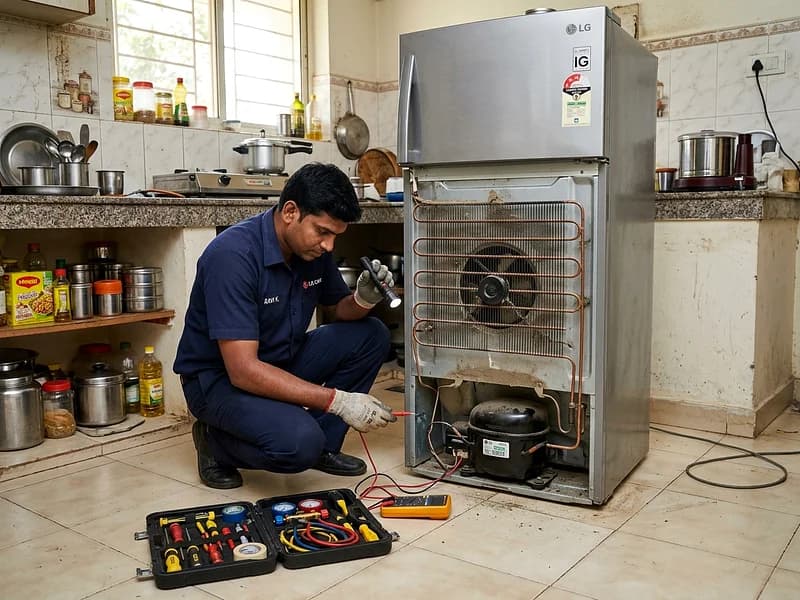 Specialist inspecting Panasonic Econavi Prime Fresh refrigerator inverter compressor