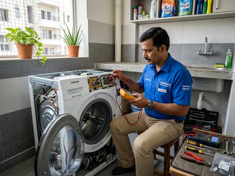 Technician testing Samsung EcoBubble washing machine digital control board with multimeter in Indian utility room
