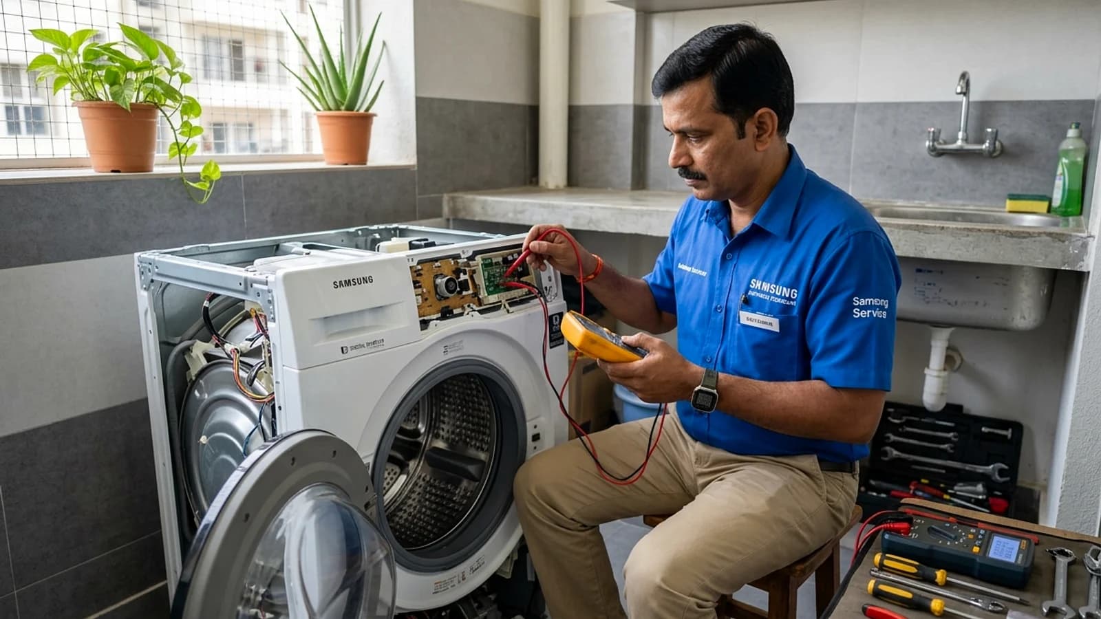 Samsung technician in official uniform repairing EcoBubble front load washing machine in Indian home