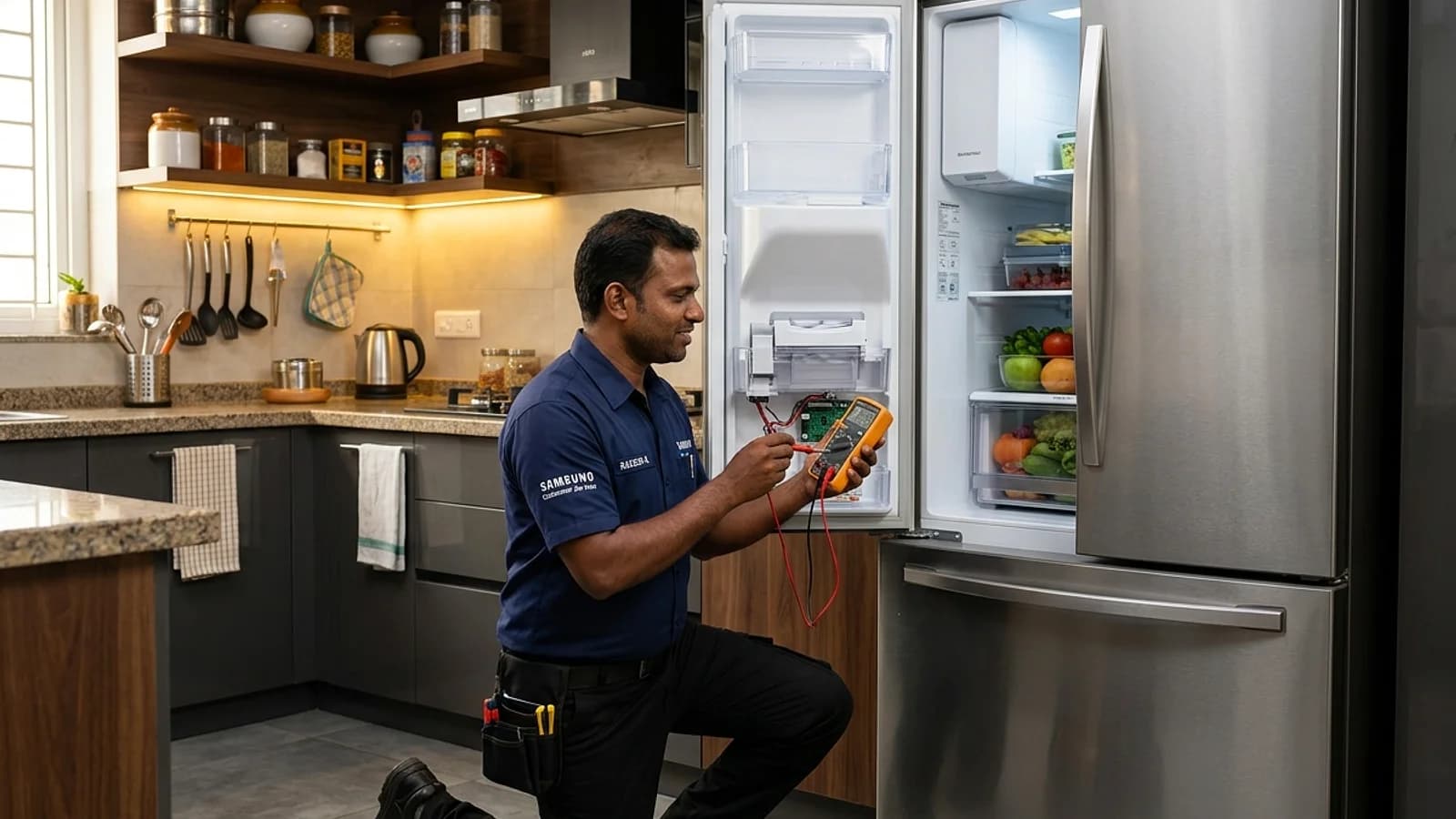 Samsung service technician testing SpaceMax Digital Inverter refrigerator cooling system