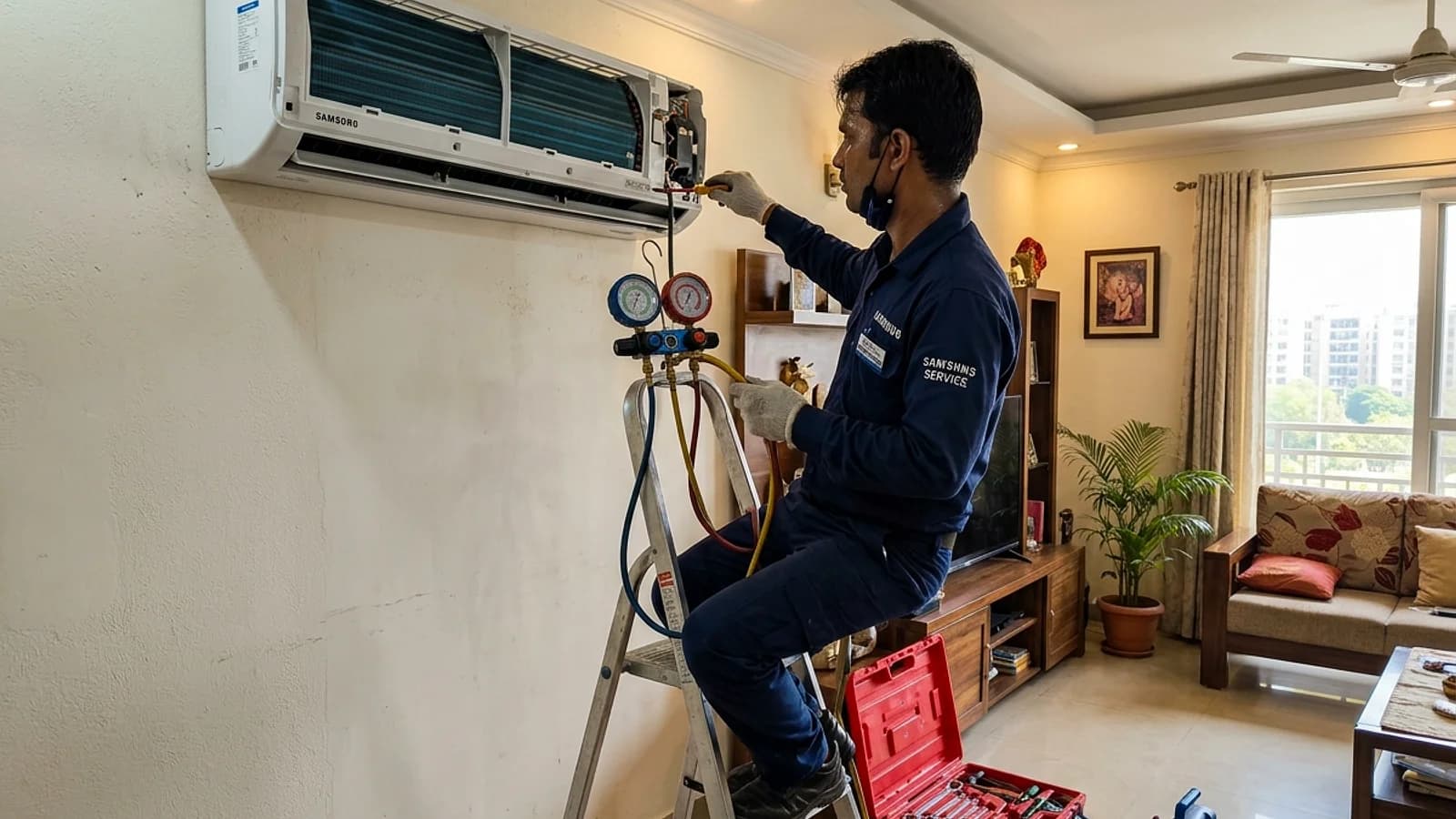 HVAC specialist servicing Samsung WindFree split air conditioner in Gurgaon apartment