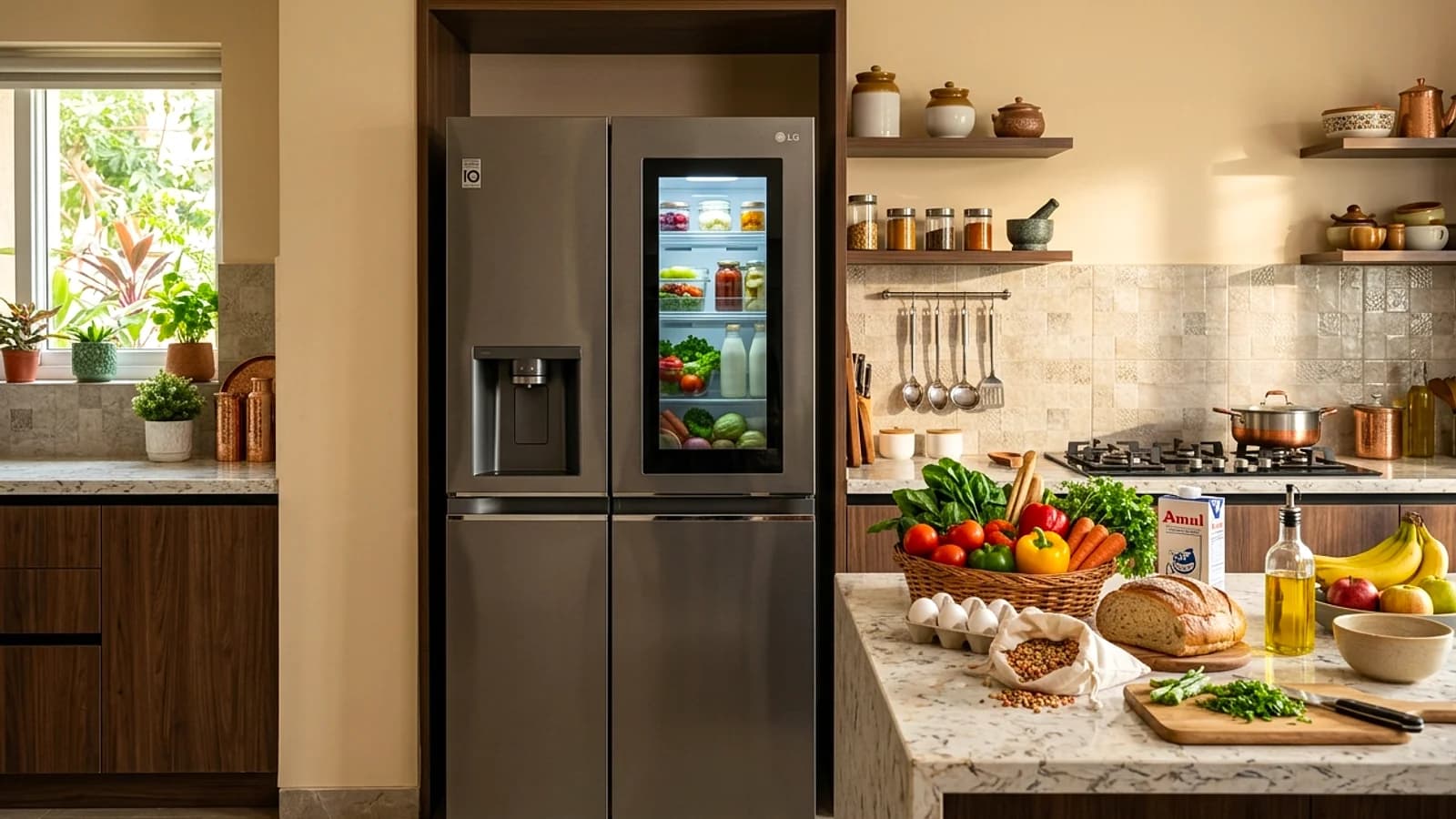 Service engineer inspecting Sharp J-Tech Inverter refrigerator compressor in Indian kitchen