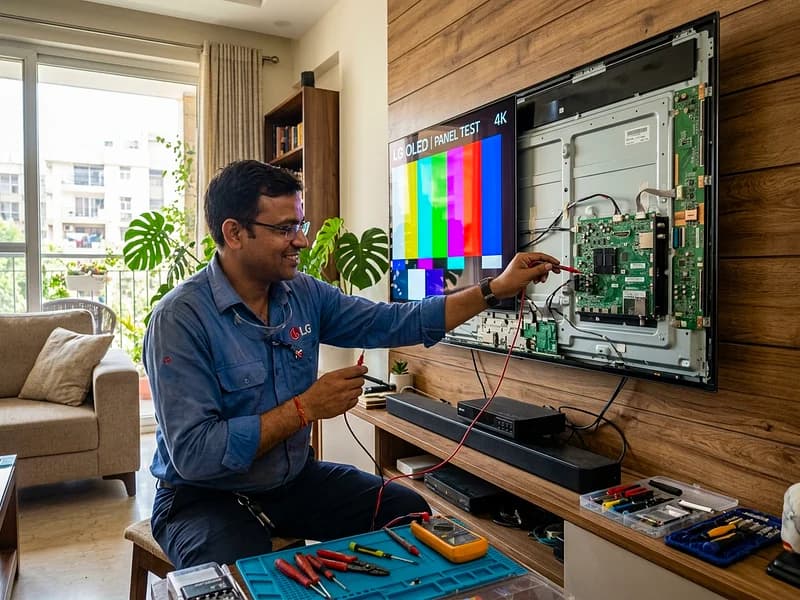 Display technician testing Sony BRAVIA OLED 4K TV motherboard and color test panel in Indian home