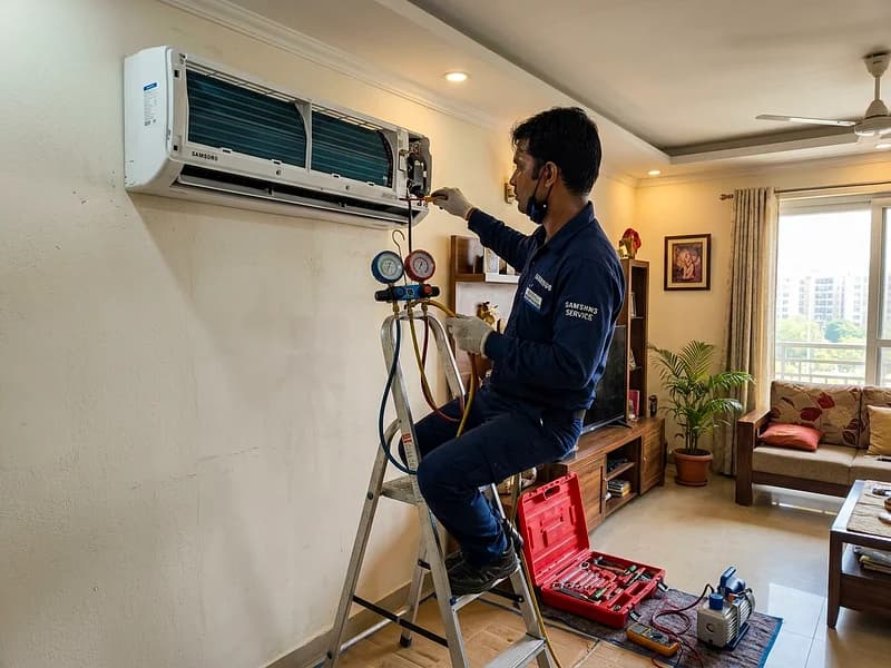 Air conditioning technician checking inverter cooling circuit in modern Indian apartment