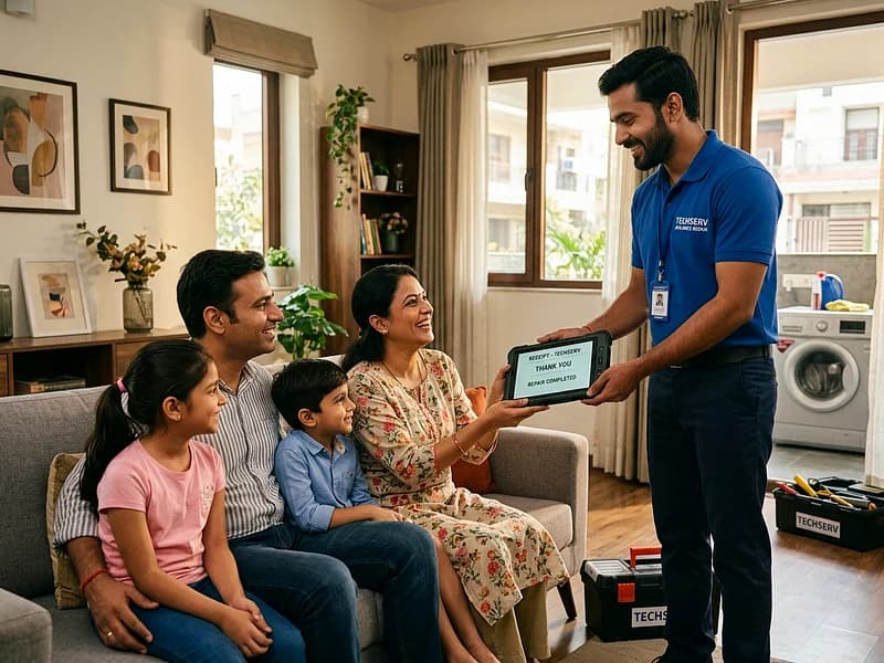 Satisfied customer watching restored Sony BRAVIA TV in modern Delhi living room