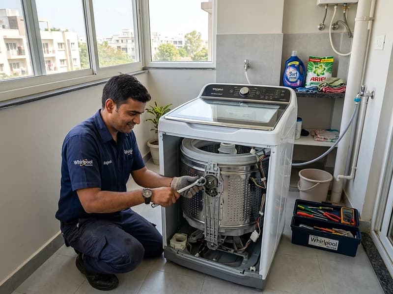 Technician overhauling Whirlpool 360 BloomWash washing machine spin tub and agitator gears