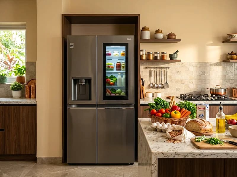 Diagnostic engineer checking cooling sensors on Whirlpool Protton 3-Door refrigerator in Delhi home