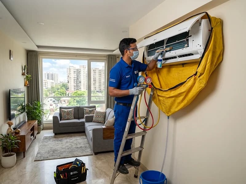 AC technician servicing Whirlpool 3D Cool Inverter AC with pressure testing kit in Noida
