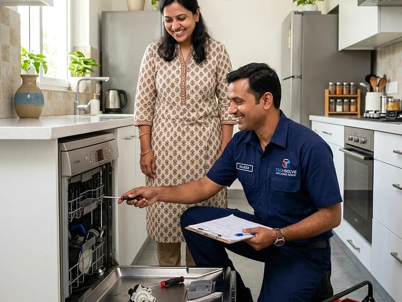 Technician explaining repaired Whirlpool home appliance maintenance to Indian family