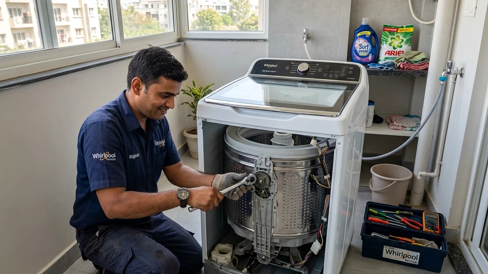 Whirlpool technician repairing 360 BloomWash washing machine drum mechanism in Indian home