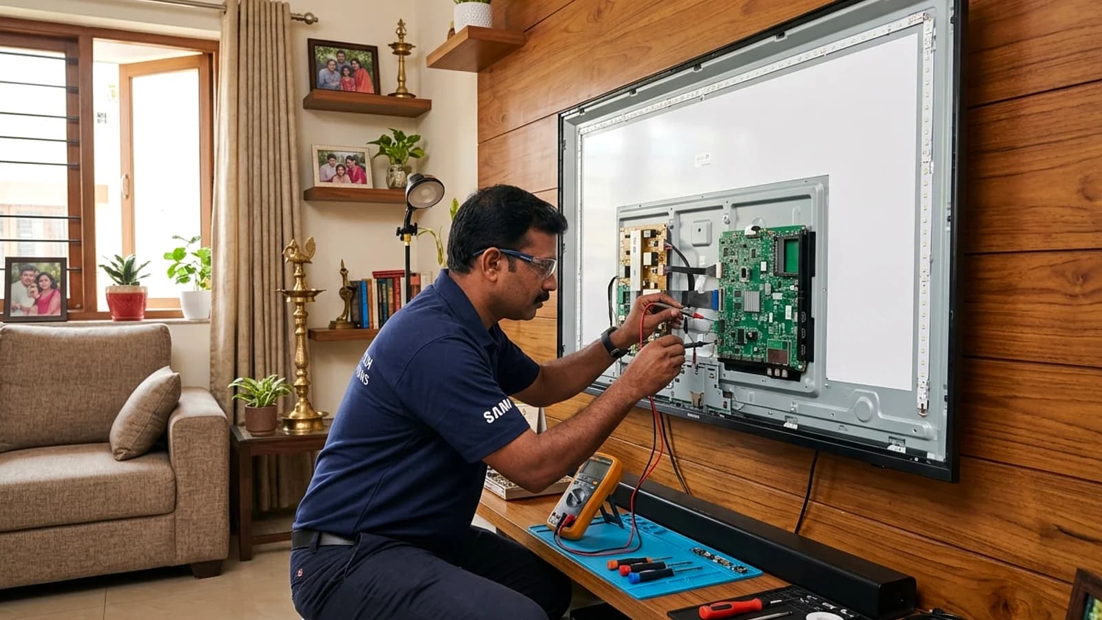 Television engineer testing display panel and power board on smart TV in living room