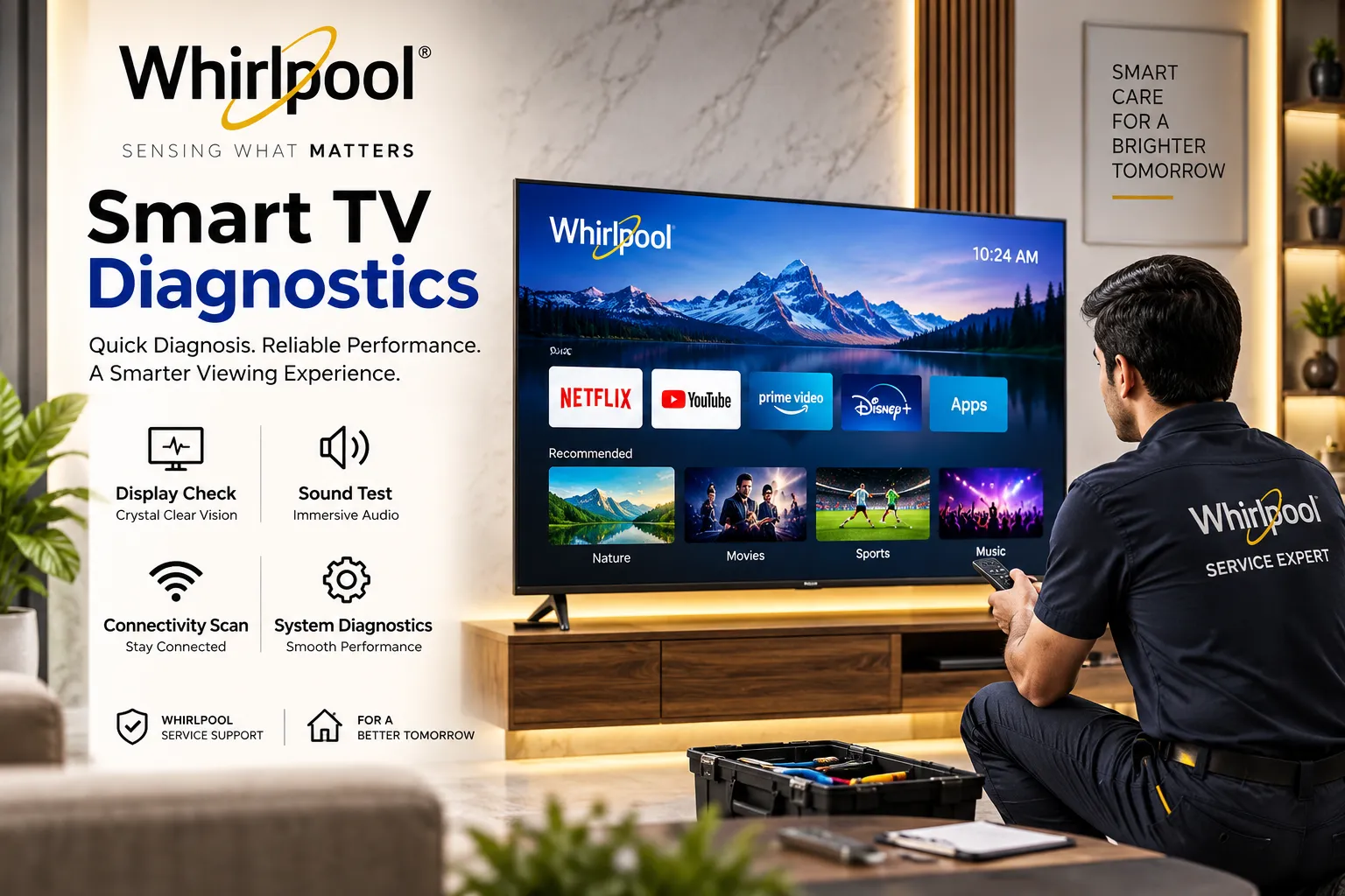 Whirlpool Smart TV Diagnostics, Display Panel, Motherboard & Audio Circuit Service in India